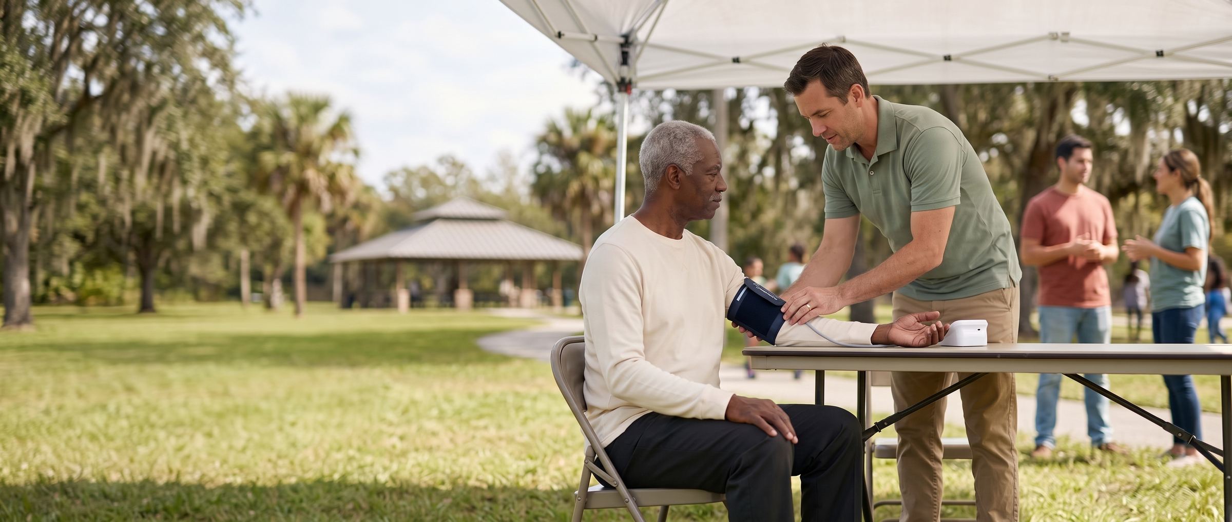 A volunteer clinician checking a neighbor's blood pressure at a free clinic day in a Tampa park