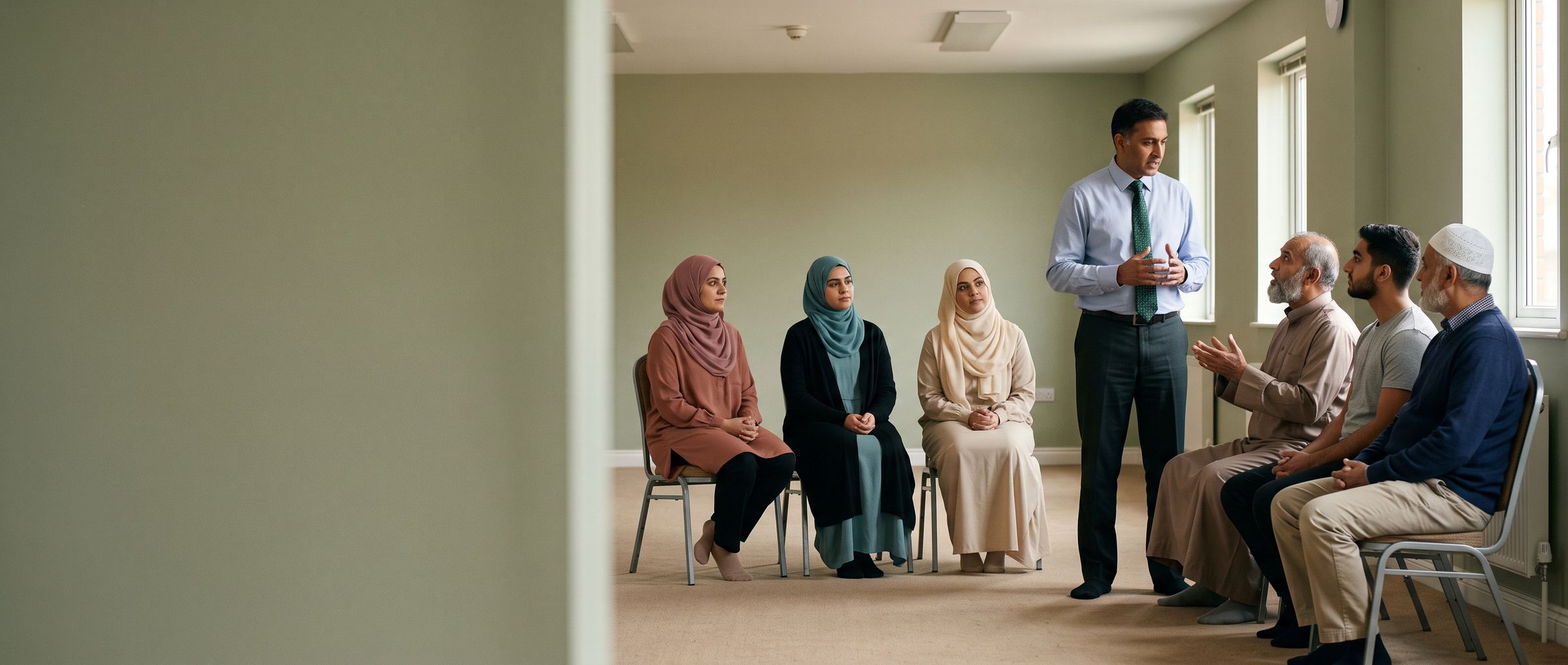A physician answering questions after a community health talk in a masjid hall