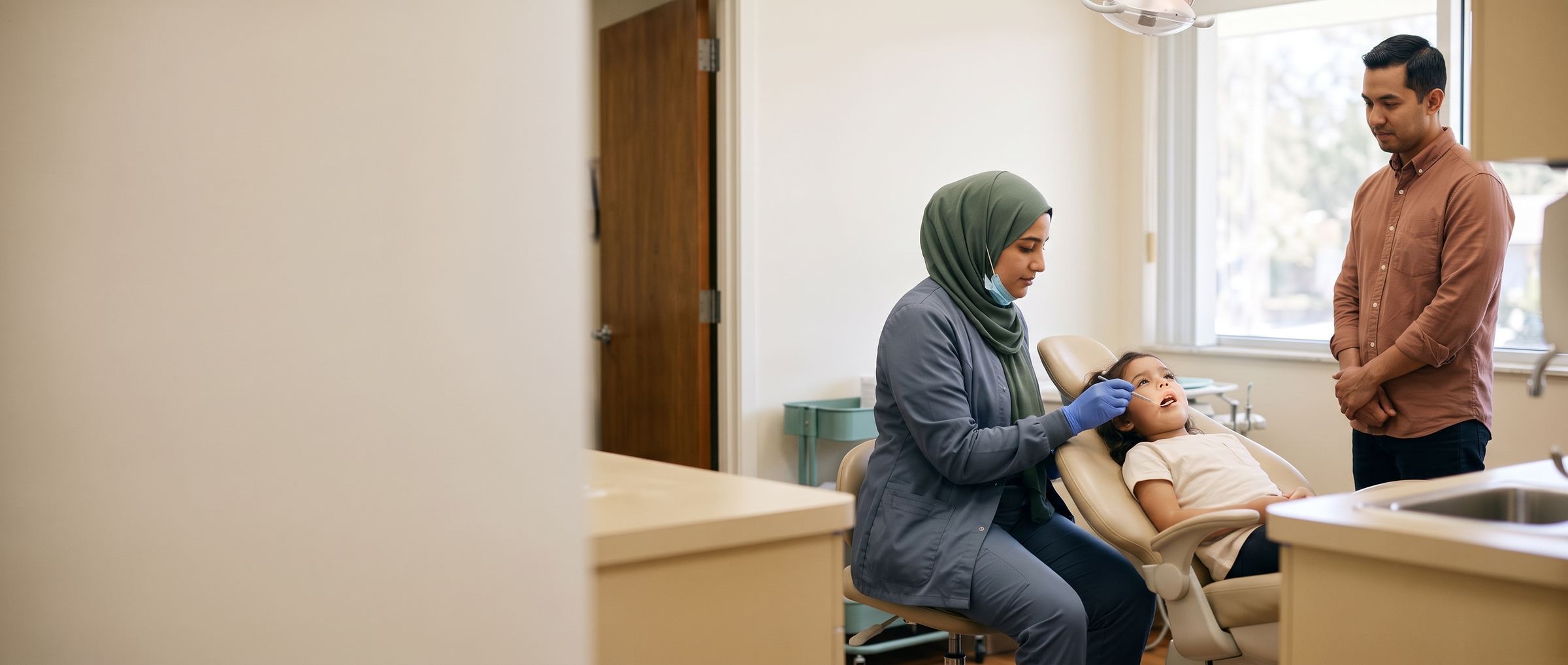 A dentist checking a child's teeth at a free dental clinic day as her father looks on