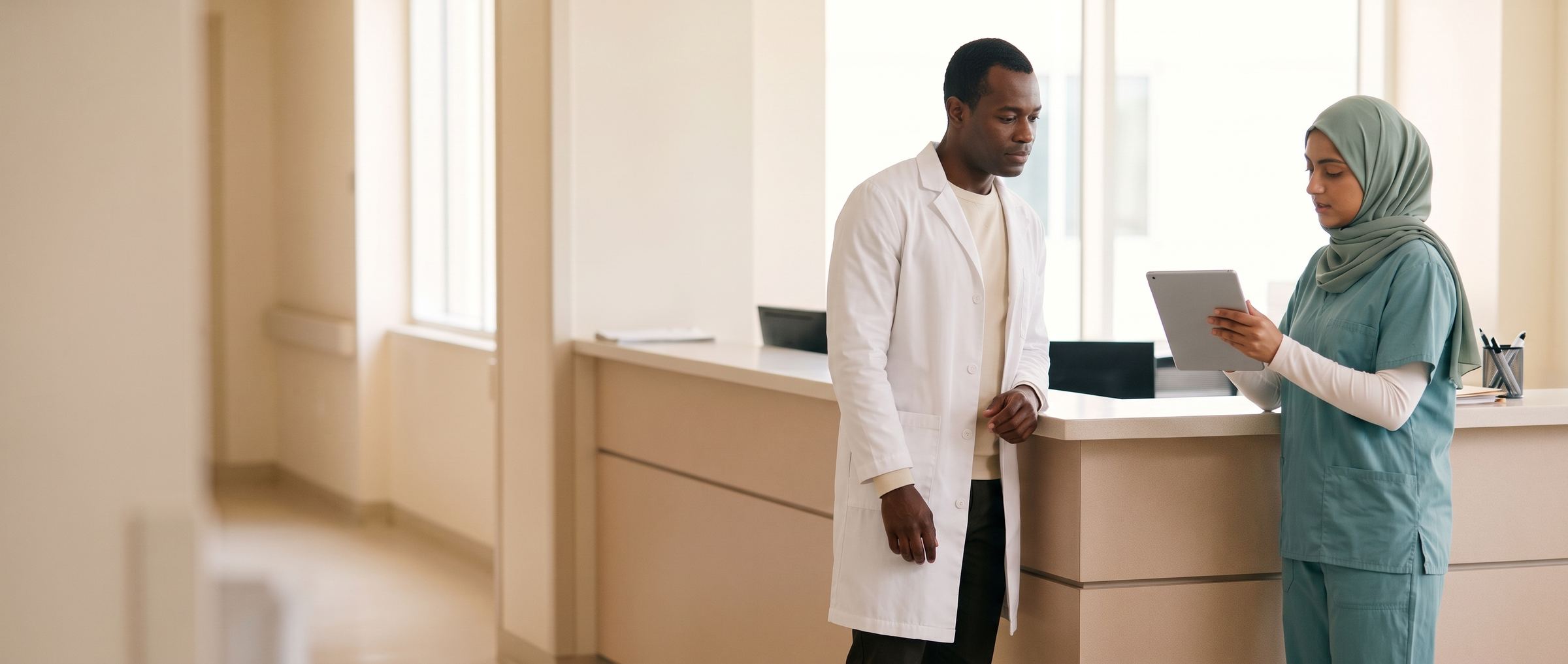 A physician and a nurse reviewing a tablet at a hospital workstation